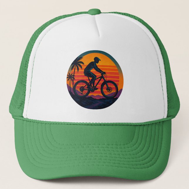 Sunset Mountain Biker Retro Art Trucker Hat (Front)