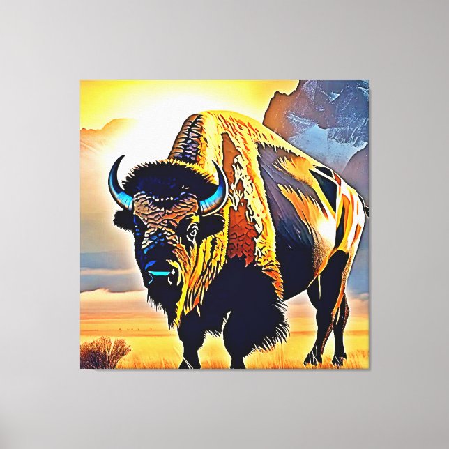 Sunset Mountain Bison Art Design Canvas Print (Front)