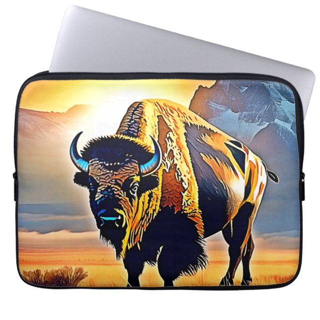 Sunset Mountain Bison Art Design Laptop Sleeve (Front)