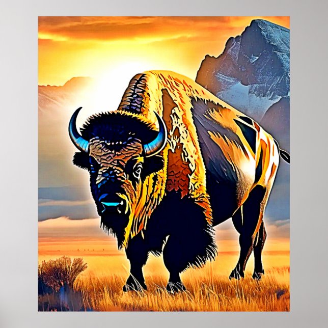 Sunset Mountain Bison Art Design Poster (Front)