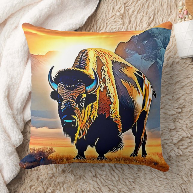 Sunset Mountain Bison Art Design Throw Pillow (Blanket)