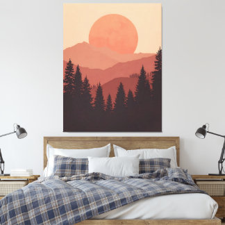 Sunset Mountain Forest Nature Illustration Canvas Print