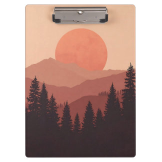 Sunset Mountain Forest Nature Illustration Clipboard
