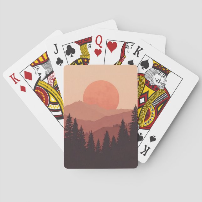 Sunset Mountain Forest Nature Illustration Poker Cards (Back)