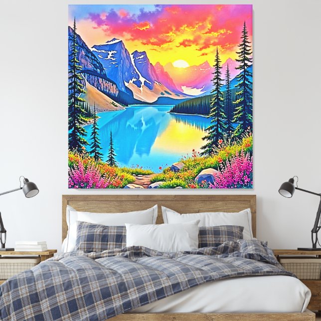 Sunset Mountain Lake Majesty Art Canvas Print (Insitu(Bedroom))