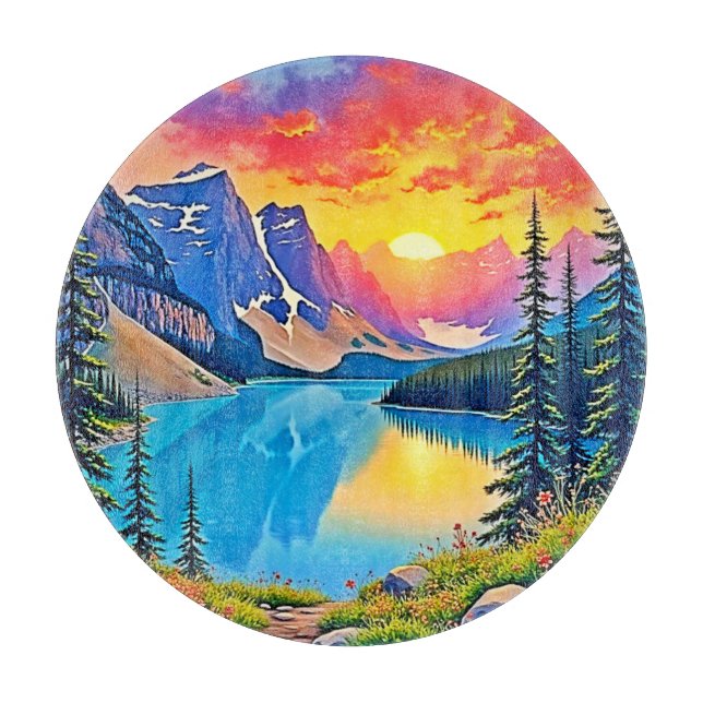 Sunset Mountain Lake Majesty Art Cutting Board (Front)