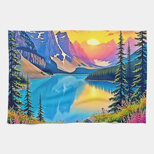 Sunset Mountain Lake Majesty Art Kitchen Towel (Horizontal)