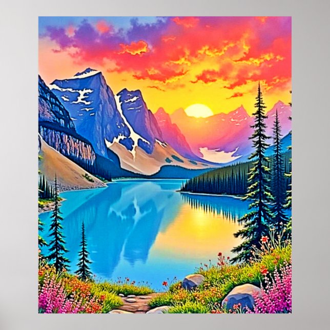 Sunset Mountain Lake Majesty Art Poster (Front)