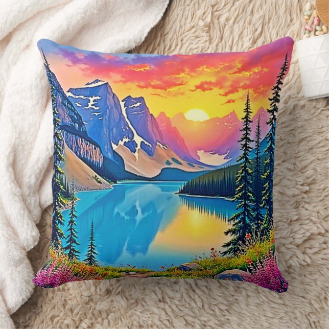 Sunset Mountain Lake Majesty Art Throw Pillow (Blanket)