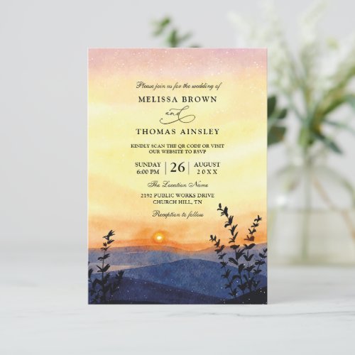 Sunset Mountain Landscape Budget QR Code Wedding Invitation