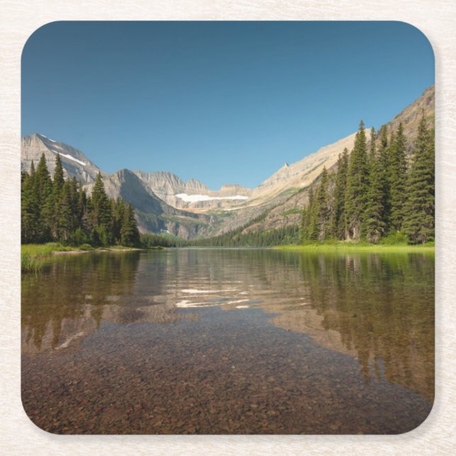 Sunset Mountain Reflection | Glacier National Park Square Paper Coaster (Front)