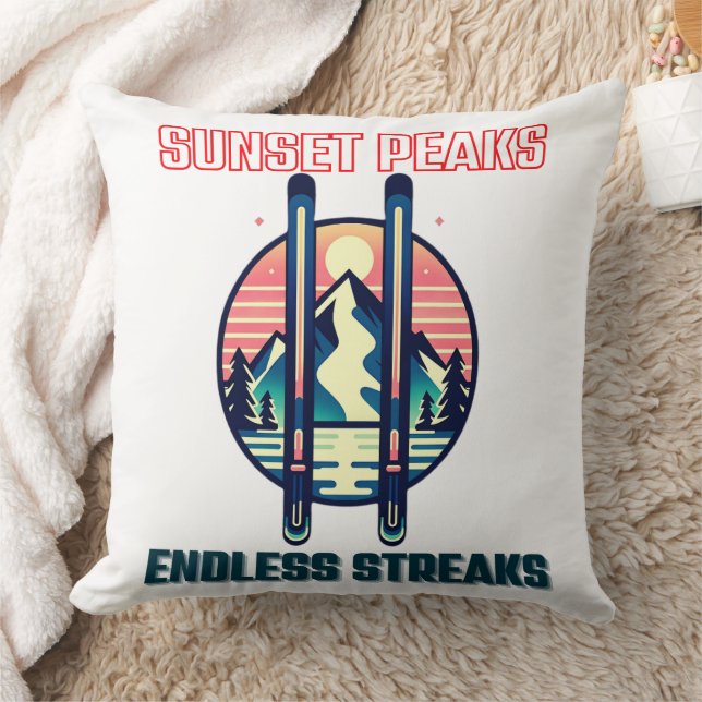Sunset Mountain Ski Adventure Throw Pillow (Blanket)