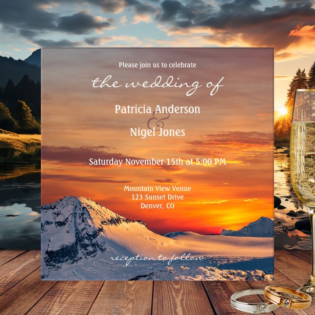 Sunset Mountain View Wedding Invitation (Scenic wedding invitation featuring a sunset on snow capped mountains)