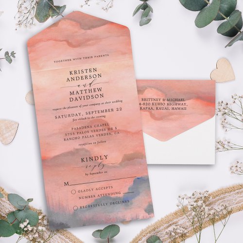Sunset Mountain Watercolor Wedding All In One Invitation