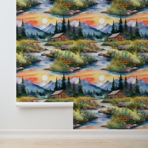 Sunset Mountains Forest Woodland Pine Trees Creek  Wallpaper