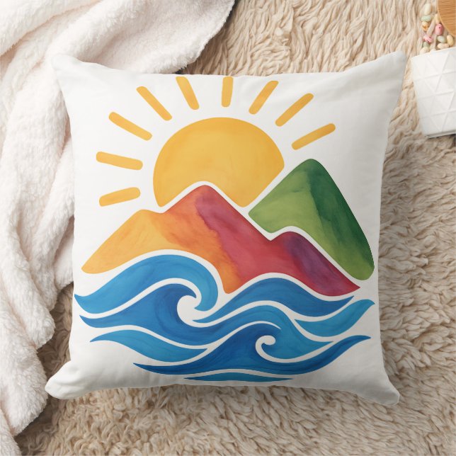 Sunset Mountains Ocean Landscape Throw Pillow (Blanket)