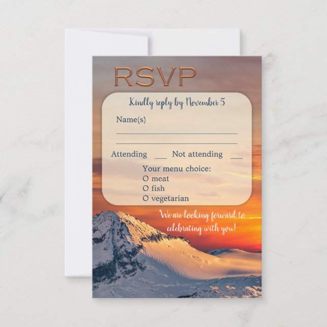 Sunset Mountains Winter Wedding Menu RSVP Card (Front)