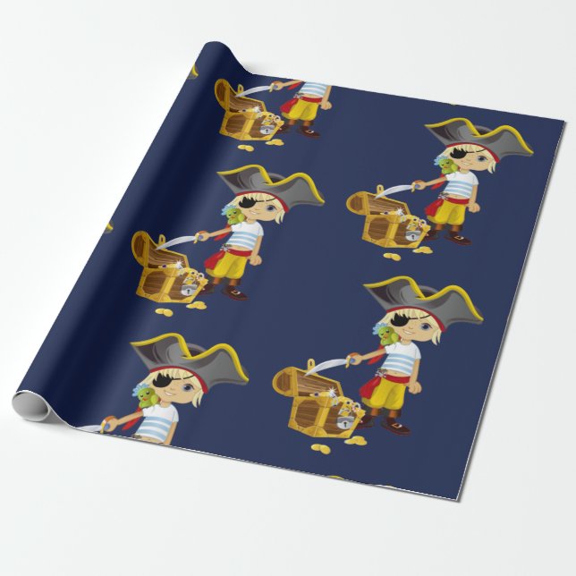 Sunset Nautical Blue Boy Pirate Wrapping Paper (Unrolled)
