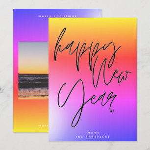 Sunset New Year Bold Gradient Rainbow Happy Photo Holiday Card