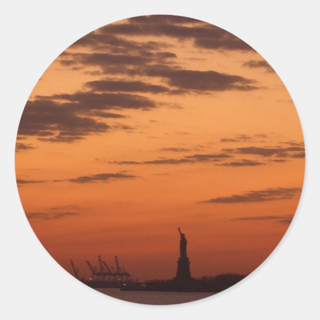 Sunset New York Harbor and Statue of Liberty USA Classic Round Sticker (Front)