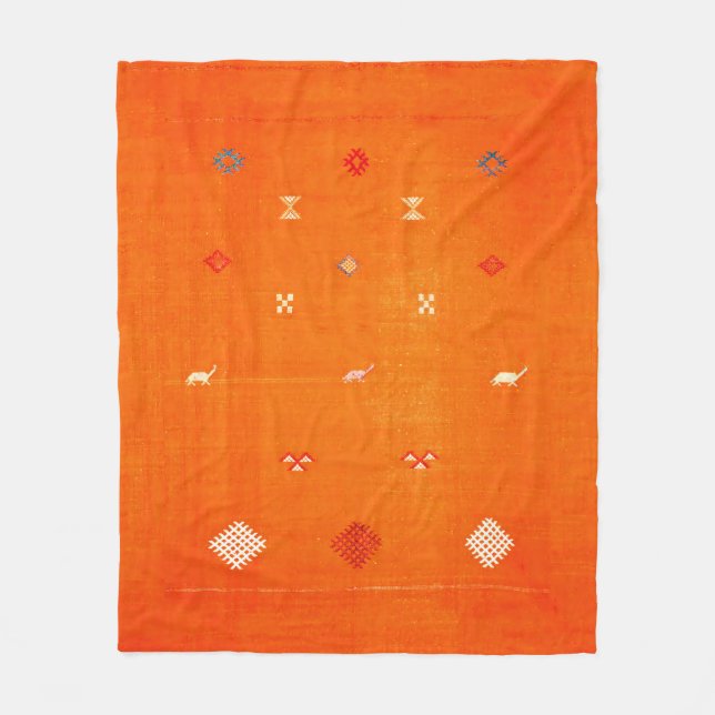 Sunset Oasis: Orange Heritage Boho Moroccan Fleece Blanket (Front)