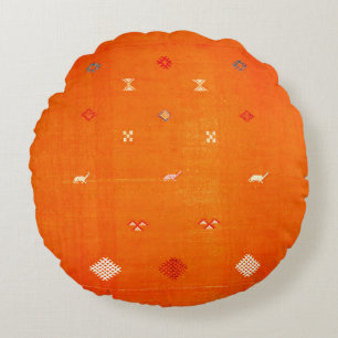 Sunset Oasis: Orange Heritage Boho Moroccan Round Pillow