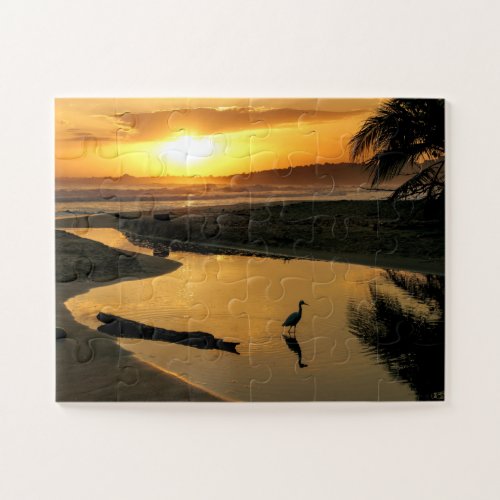 Sunset Ocean Beach Pool Heron Reflection Puzzle