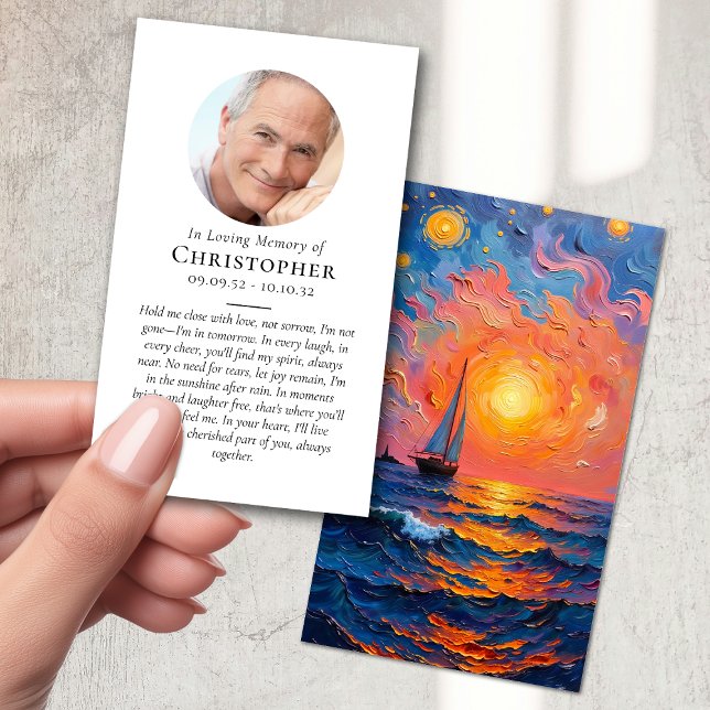 Sunset Ocean Boat Photo Prayer Memorial Calling Card (Creator Uploaded)