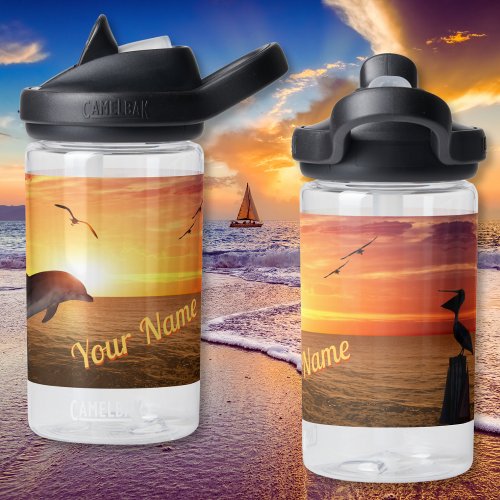 Sunset Ocean Lane Dolphins Seagulls Pelican Water Bottle