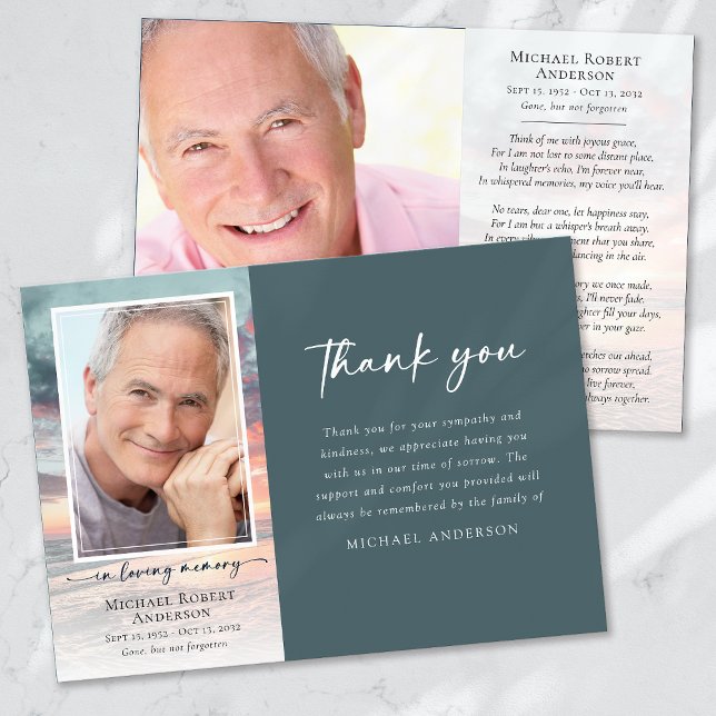 Sunset Ocean Memory Photo Funeral Thank You Card (Creator Uploaded)