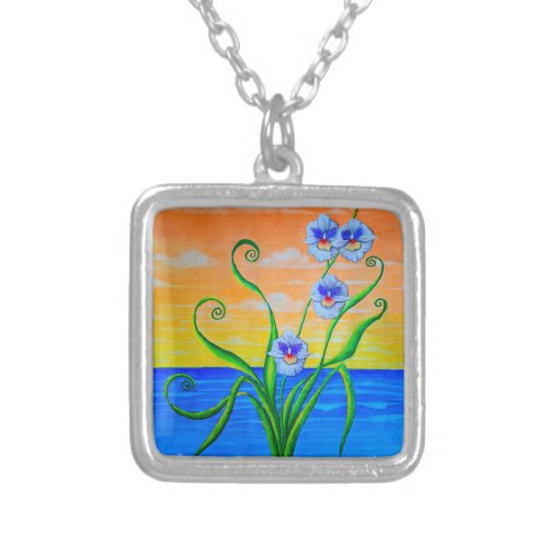 Sunset Ocean Orchids Silver Plated Necklace-Square