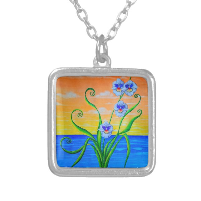 Sunset Ocean Orchids  Silver Plated Necklace (Front)