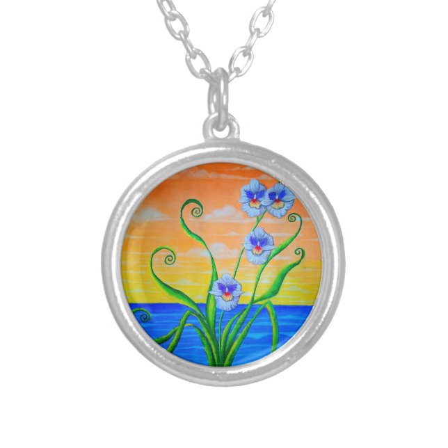 Sunset Ocean Orchids  Silver Plated Necklace (Front)