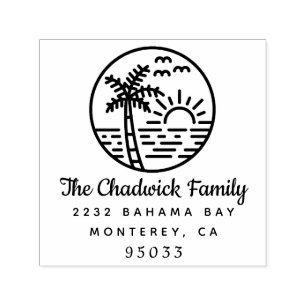 Sunset Ocean Palm Tree Script Family Name Address Self-inking Stamp