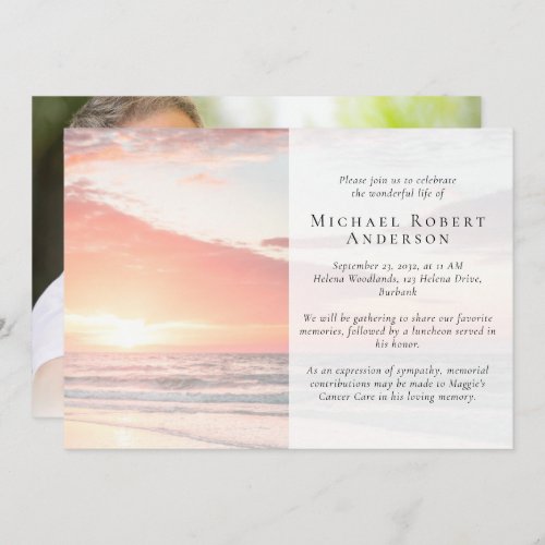 Sunset Ocean Photo Funeral Memorial Service Invita Invitation