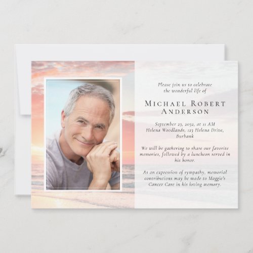 Sunset Ocean Photo Funeral Memorial Service Invita Invitation