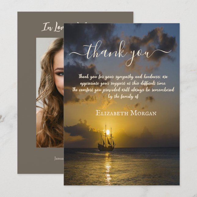 Sunset Ocean Sailboat Photo Celebration Of Life  Thank You Card (Front/Back)