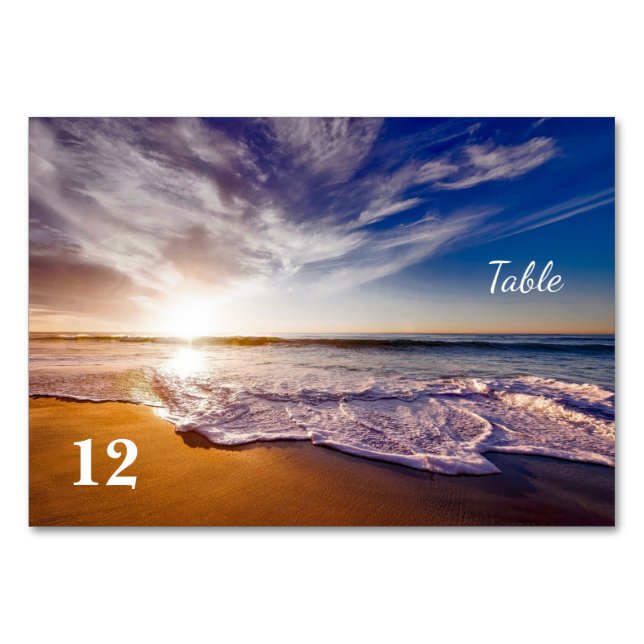 Sunset Ocean Sand Beach Wedding Table Number (Front)