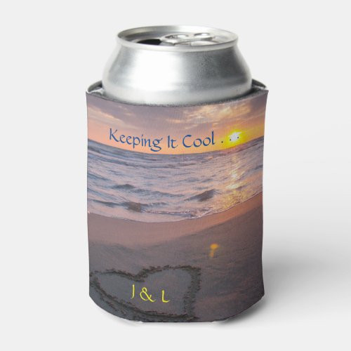 Sunset Ocean Sand Heart Initials Keeping It Cool Can Cooler