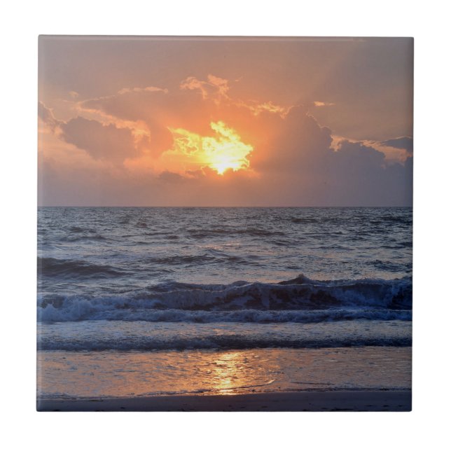 Sunset Ocean Sea Beach Orange Ceramic Tile (Front)