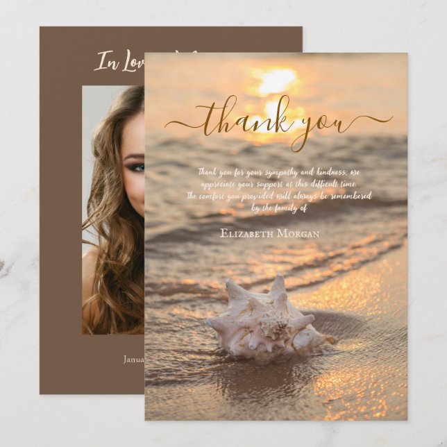 Sunset Ocean Seashell Photo Celebration Of Life  Thank You Card (Front/Back)