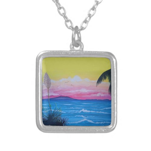 Sunset Ocean Silver Plated Necklace-Square