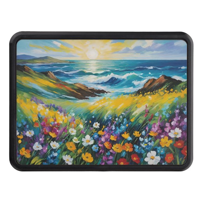 Sunset Ocean View with Wildflowers Hitch Cover (Front)