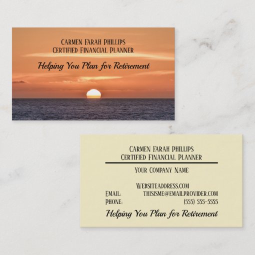 Sunset Ocean Water Sun Orange Retirement Template Business Card | Zazzle
