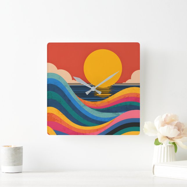 Sunset Ocean Waves Abstract Bauhaus Wall Clock  (Home)