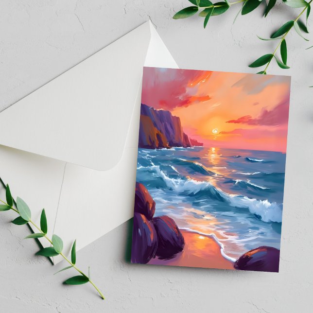 Sunset Ocean Waves Beach Watercolor Painting Card (Creator Uploaded)