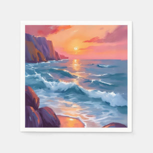 Sunset Ocean Waves Beach Watercolor Painting Napkins