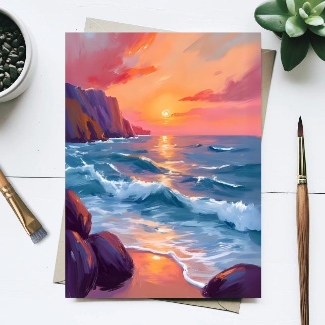Sunset Ocean Waves Beach Watercolor Painting Postcard (Creator Uploaded)