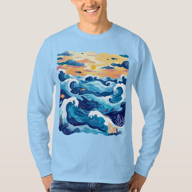 Sunset Ocean Waves T-Shirt – Artistic Sea and Sky  (Front)