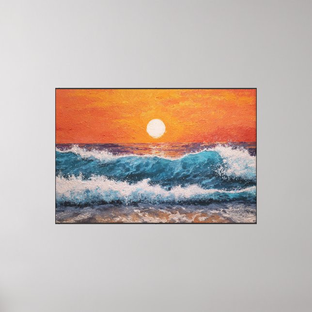 Sunset Ocean Waves with Fiery Sky Abstract Wall Ar Canvas Print (Front)